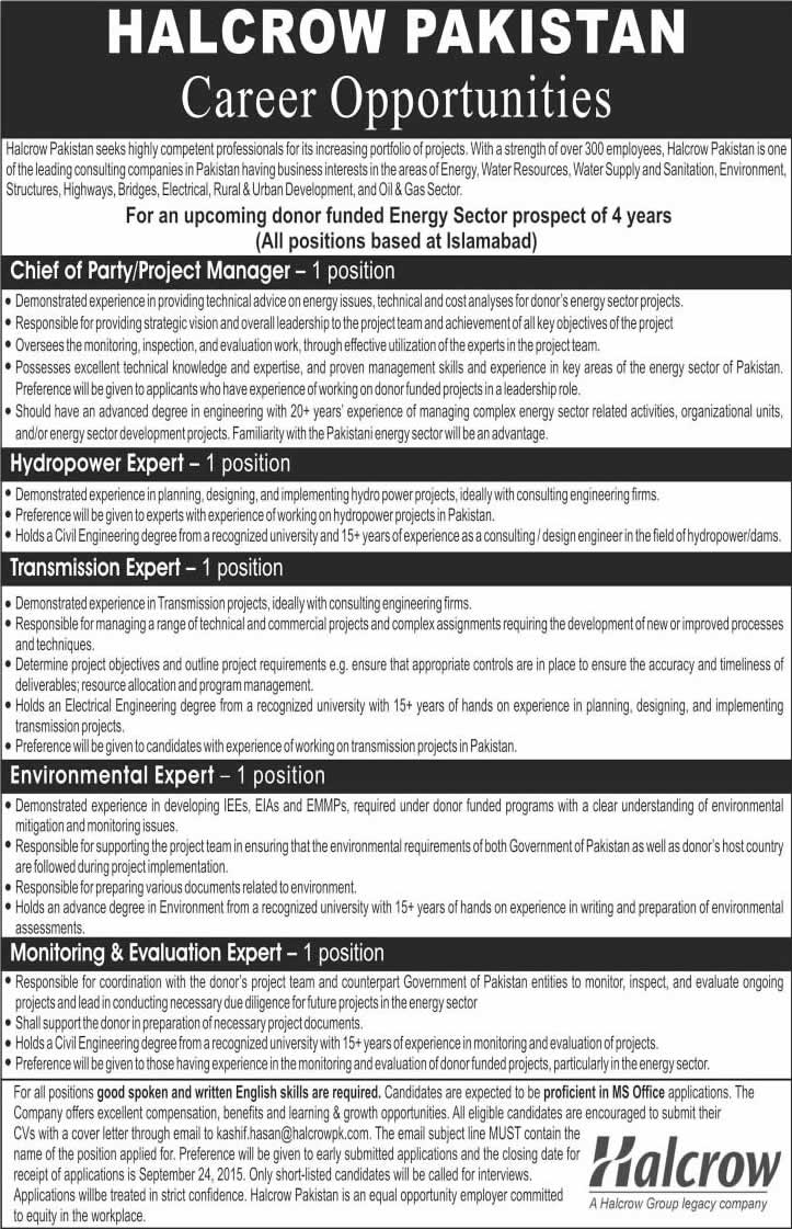 Halcrow Pakistan Jobs 2015 September Islamabad Project Manager & Experts Latest