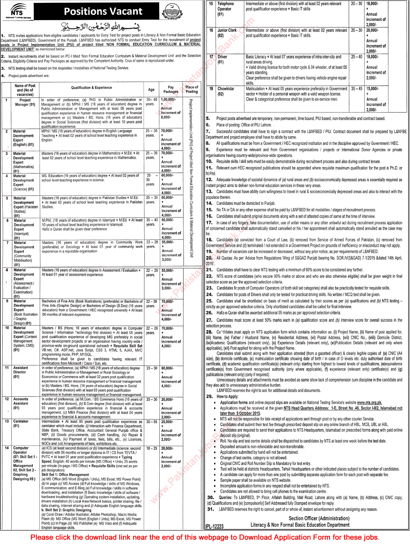 Literacy & NFBE Department Lahore Jobs 2015 September NTS Application Form Material Development Experts & Others