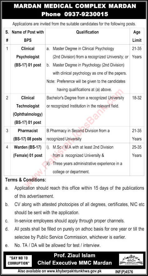 Mardan Medical Complex Jobs 2015 September Pharmacists, Clinical Psychologist / Technologist & Warden