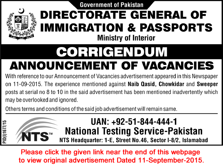 Corrigendum: Directorate General of Immigration and Passports Jobs 2015 Naib Qasid, Chowkidar & Sweeper