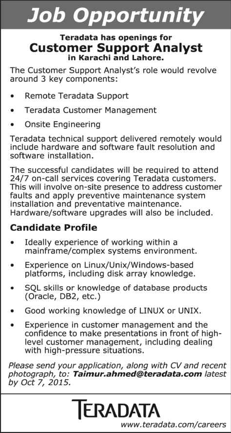 Customer Support Analyst Jobs in Teradata Lahore & Karachi 2015 October Latest