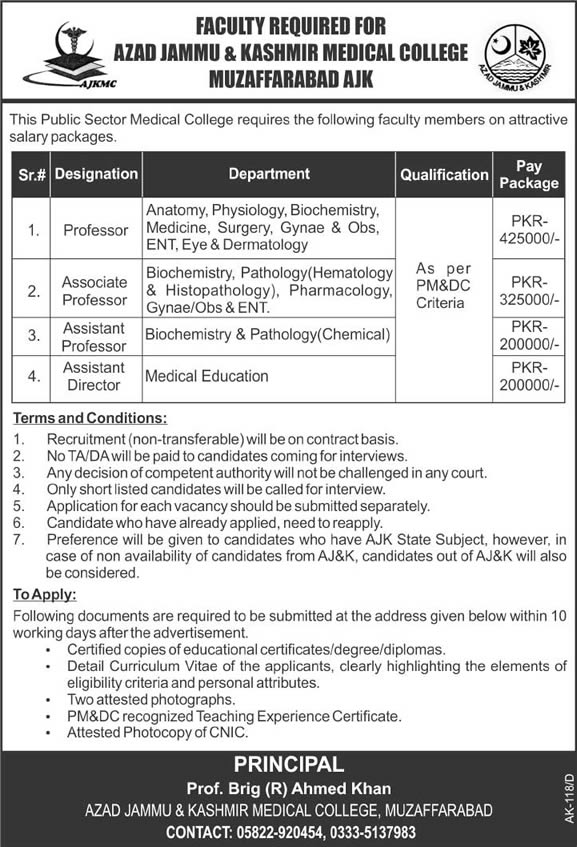 AJK Medical College Muzaffarabad Jobs 2015 October Teaching Faculty & Assistant Director