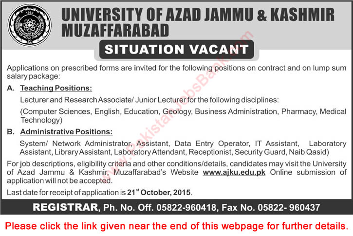 University of AJK Jobs 2015 October Teaching Faculty & Administrative Staff Latest