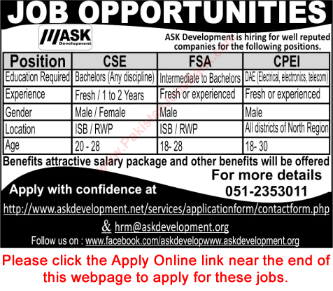 Ask Development Jobs October 2015 Online Apply Field Sales Agent, Customer Service Executives & CPE Installer