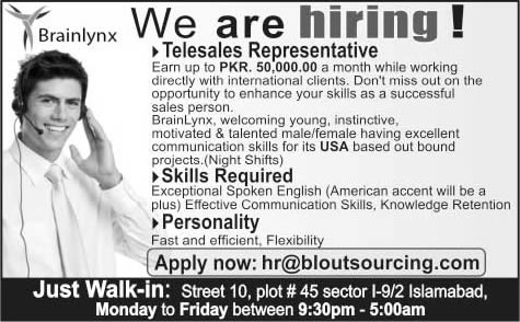 Telesales Representative Jobs in Islamabad October 2015 at Brainlynx