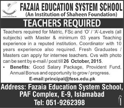 Fazaia Education System School Islamabad Jobs 2015 October for Teaching Faculty