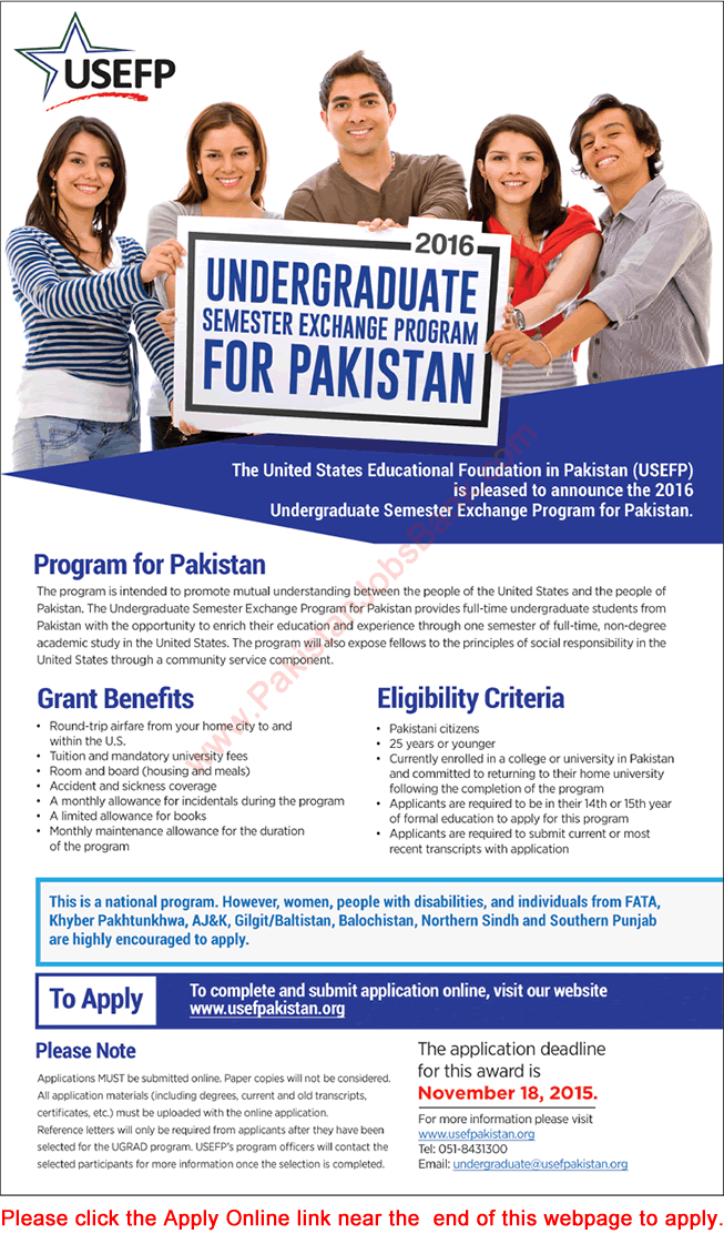 USEFP Undergraduate Semester Exchange Program 2016 Pakistan Online Application Form Latest