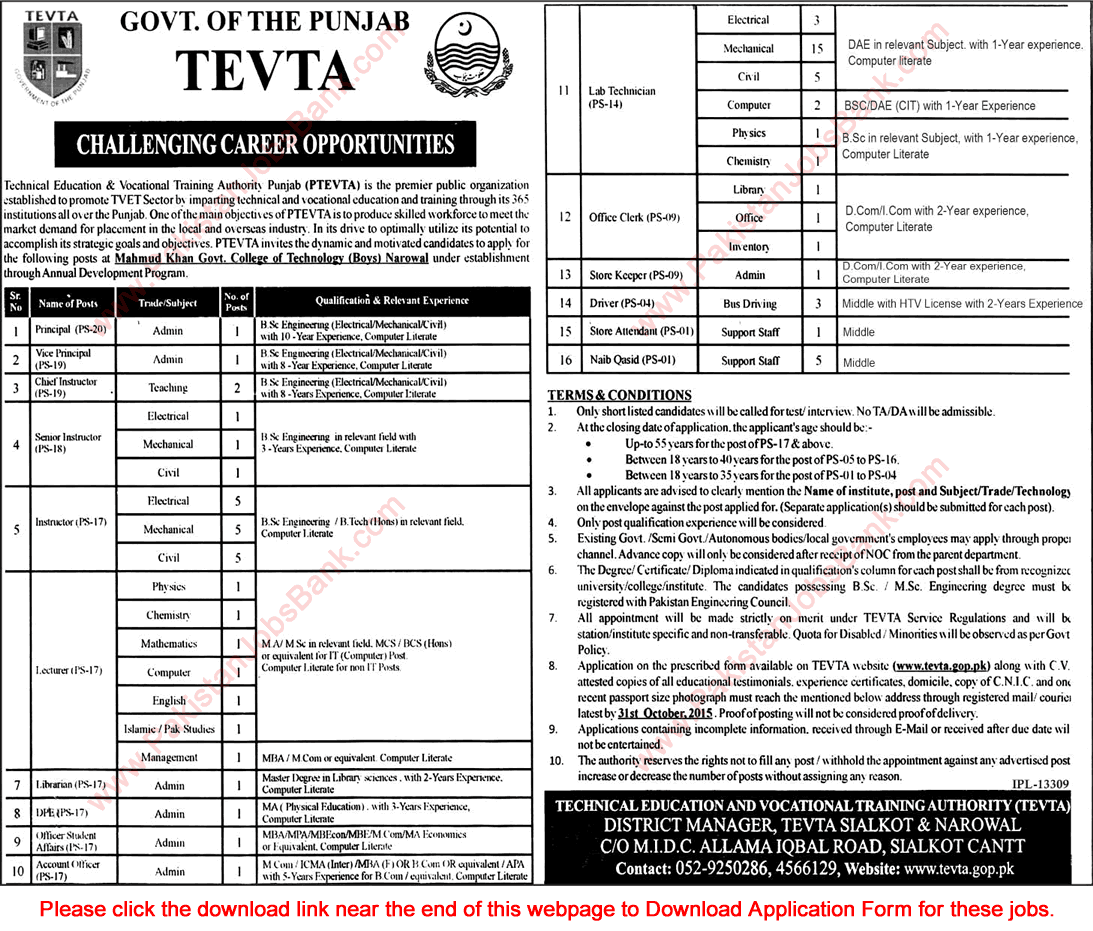 Government College of Technology Narowal Jobs 2015 October TEVTA Application Form Download