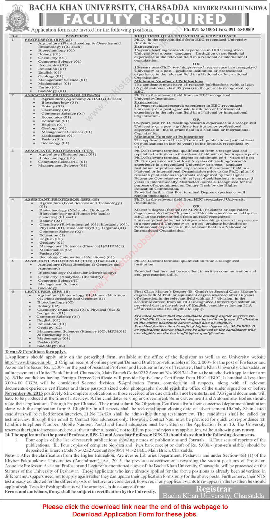Bacha Khan University Charsadda Jobs 2015 October KPK Application Form Teaching Faculty Latest