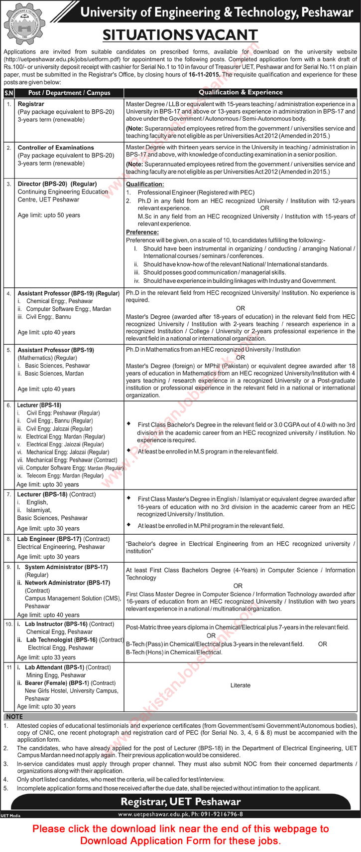 UET Peshawar Jobs October 2015 Application Form Download Teaching Faculty, Lab Engineers & Others
