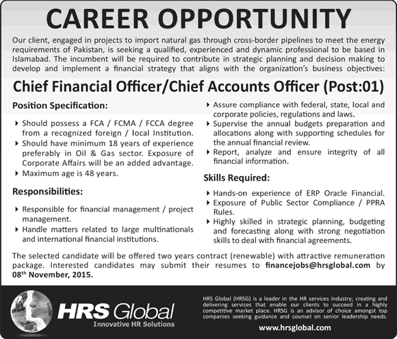 Chief Financial Officer Jobs in Islamabad 2015 October Natural Gas Import Project HRS Global