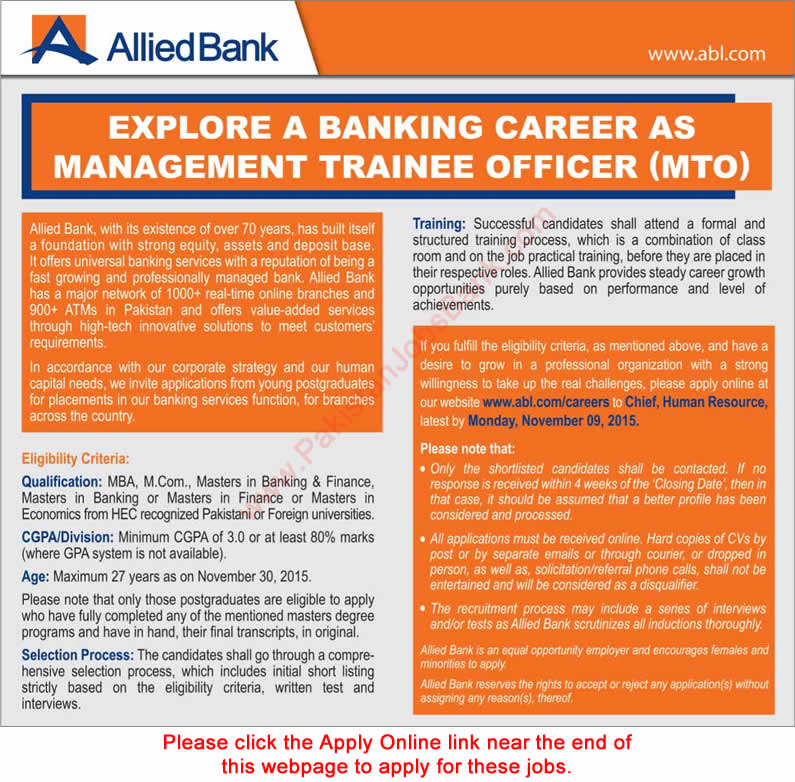 Allied Bank Jobs November 2015 Management Trainee Officer ABL Pakistan Apply Online Latest