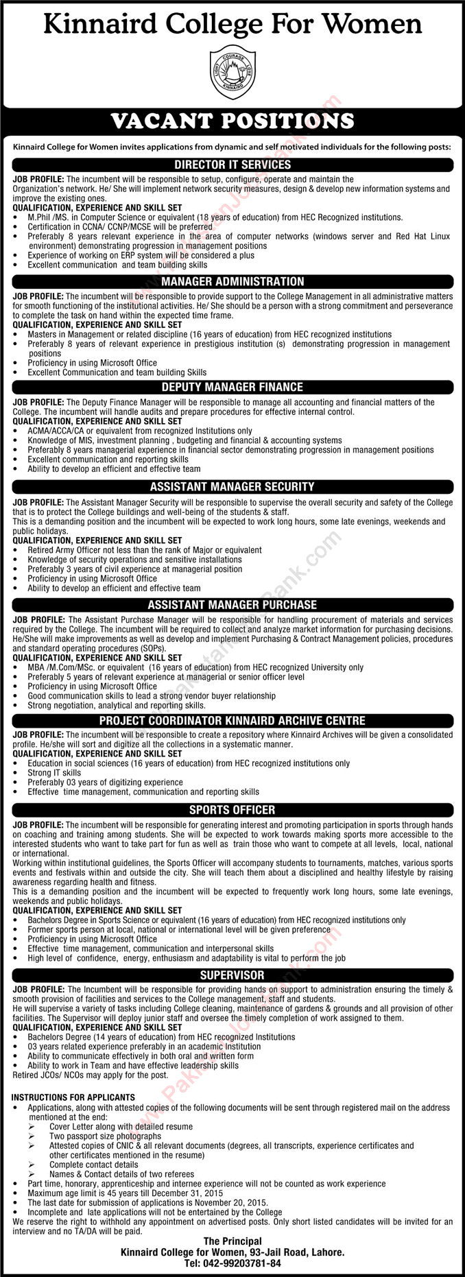 Kinnaird College for Women Lahore Jobs 2015 November Administrative Staff Latest