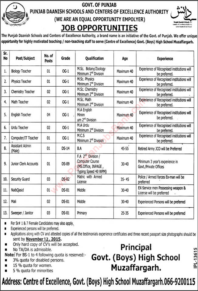 Danish School Muzaffargarh Jobs 2015 November Government Boys High School Teaching Faculty & Others