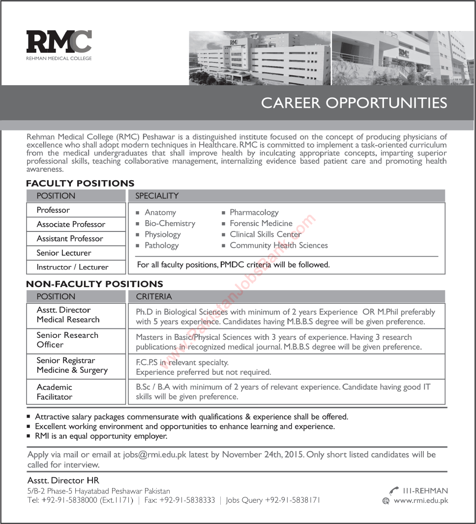 Rehman Medical College Peshawar Jobs 2015 November RMC Teaching Faculty, Research Officers & Others
