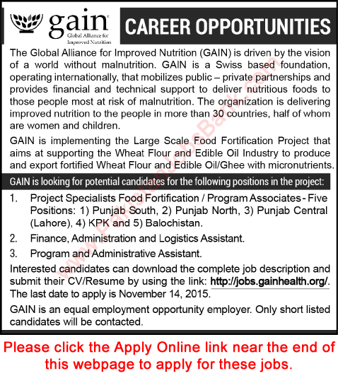 Global Alliance for Improved Nutrition Pakistan Jobs 2015 November GAIN Apply Online