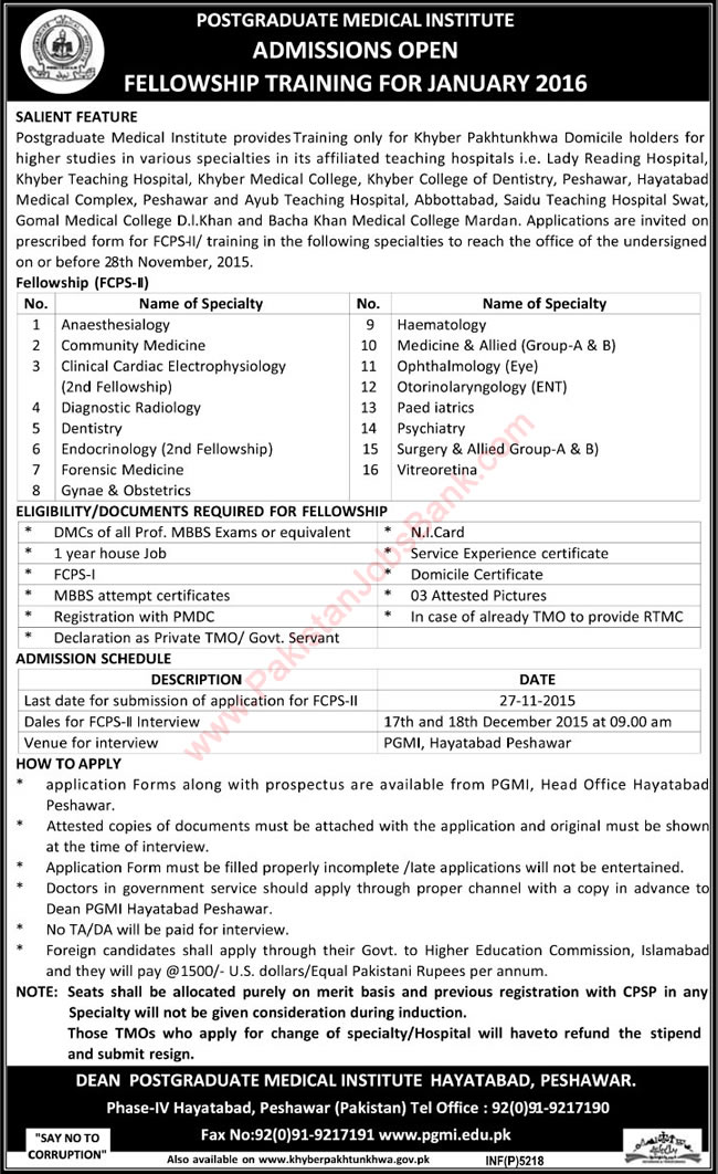 Postgraduate Medical Institute Peshawar Fellowship Training 2016 FCPS-II Training in KPK Hospitals