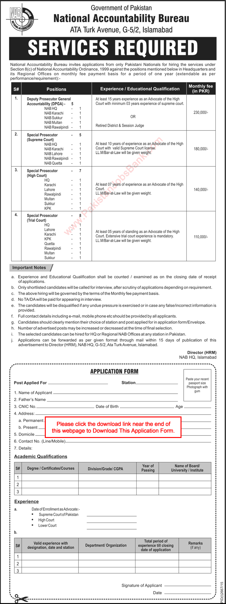 Special Prosecutor Jobs in National Accountability Bureau November 2015 NAB Application Form Latest