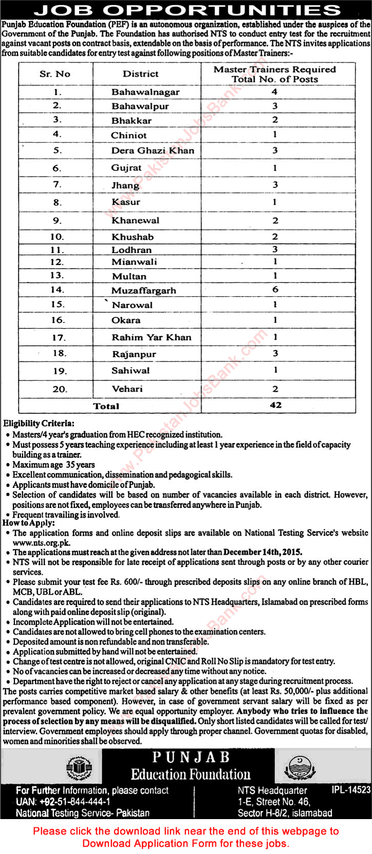 Master Trainer Jobs in Punjab Education Foundation 2015 November PEF NTS Application Form Download Latest