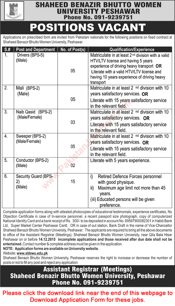 Shaheed Benazir Bhutto Women University Peshawar Jobs 2015 December SBBWU Application Form Download Latest