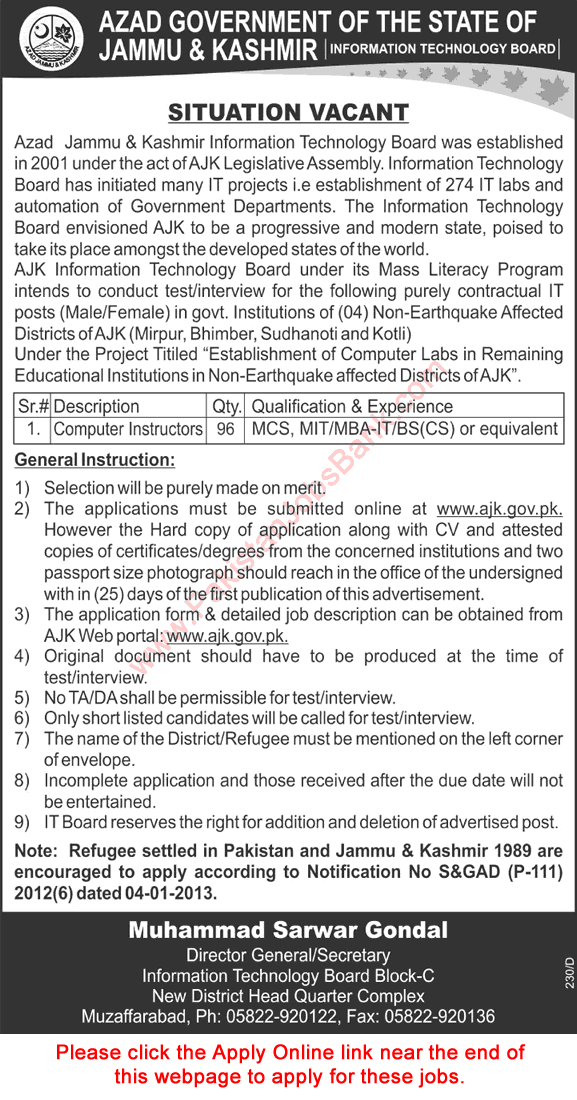 Computer Instructor Jobs in AJK IT Board 2015 December Apply Online Information Technology Board (ITB) Latest