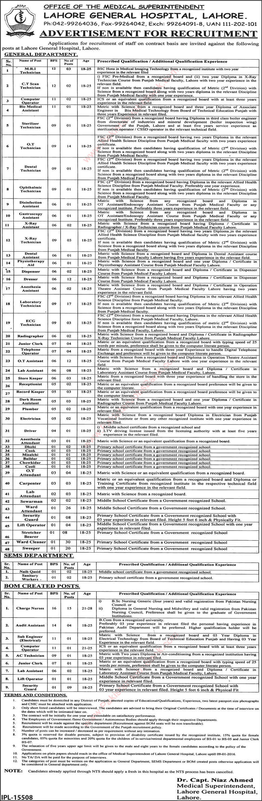 Lahore General Hospital Jobs December 2015 Charge Nurses, Medical Technicians / Assistants & Other Staff Latest