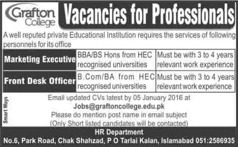 Grafton College Islamabad Jobs December 2015 / 2016 Marketing Executives & Front Desk Officers Latest