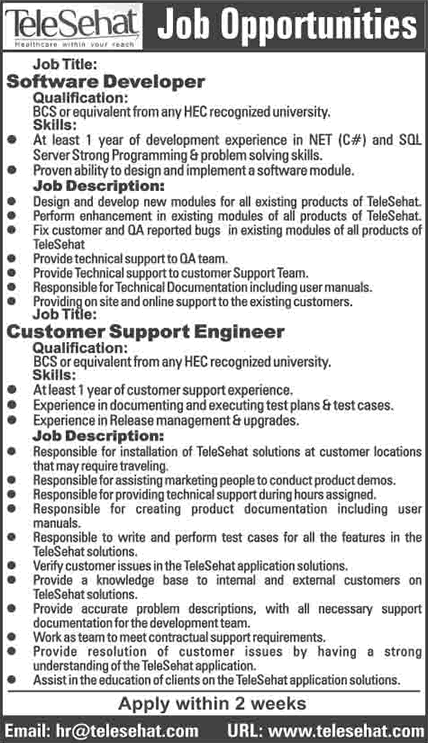 Software Developers & Customer Support Engineers Jobs in Islamabad December 2015 / 2016 at Telesehat