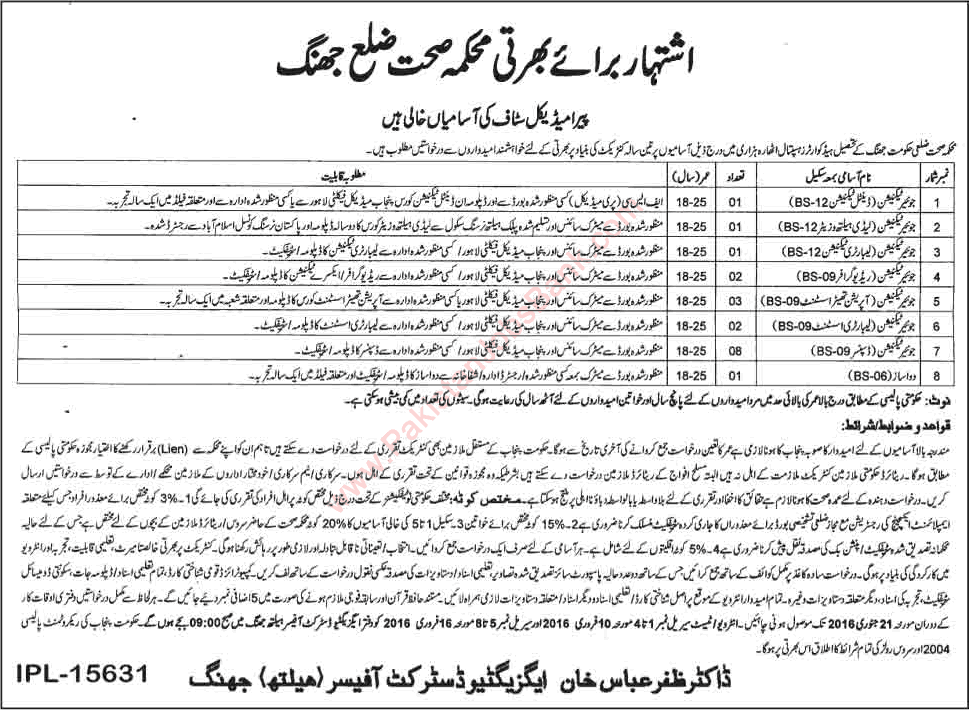 Health Department Jhang Jobs 2015 December Dispensers, Operation Theatre Assistants & Other Technicians Latest