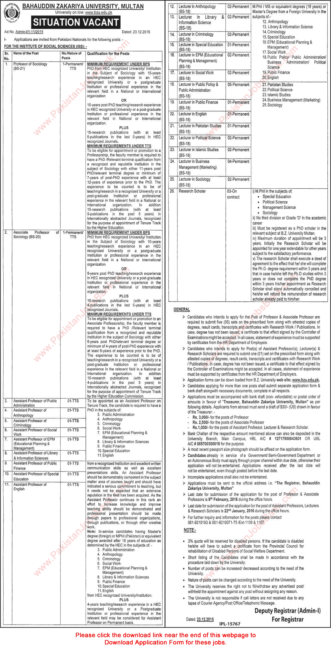 Bahauddin Zakariya University Multan Jobs 2016 BZU Application Form Teaching Faculty & Research Scholars Latest