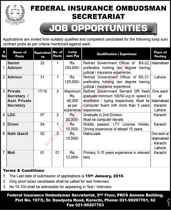 Federal Insurance Ombudsman Jobs 2016 in Karachi, Lahore & Islamabad Mohtasib Latest