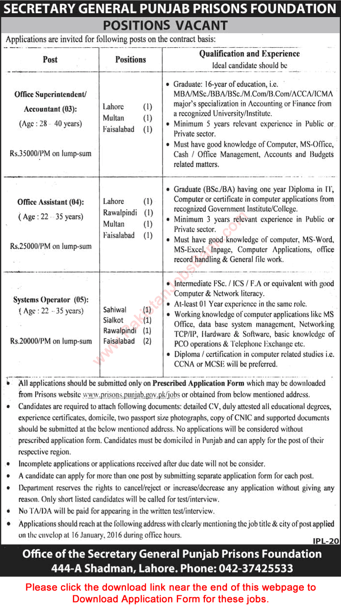 Punjab Prisons Foundation Jobs 2016 Application Form System Operators, Office Assistants & Accountants Latest