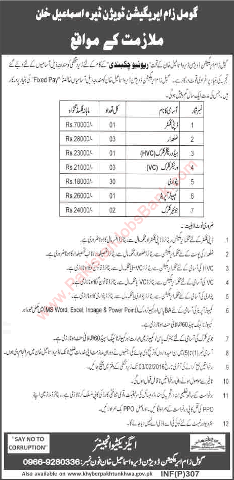 Gomal Zam Irrigation Division Dera Ismail Khan Jobs 2016 KPK Patwari, Clerks, District Officer & Others Latest