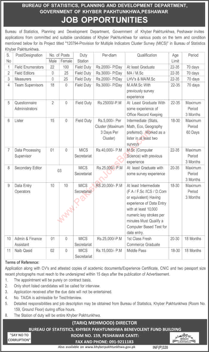 Bureau of Statistics KPK Jobs 2016 Field Enumerators / Editors, Team Supervisors, Data Entry Operators, Listers & Others Latest