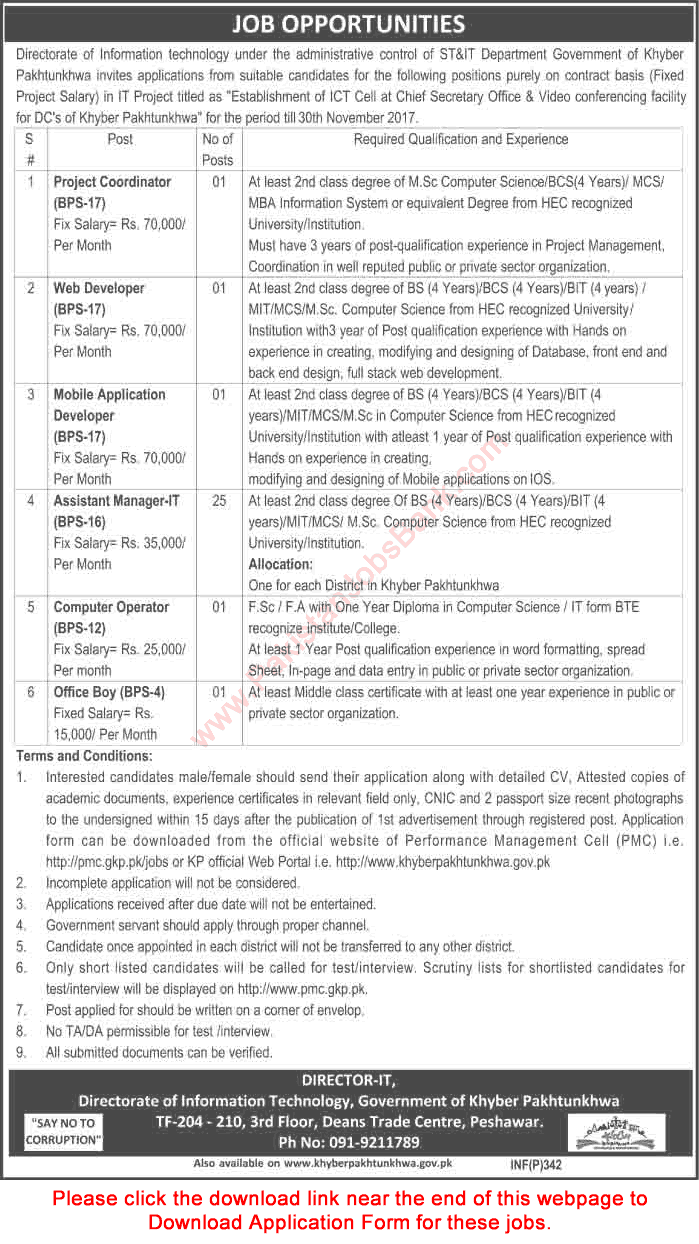 Directorate of Information Technology KPK Jobs 2016 Application Form Assistant Managers IT & Others Latest