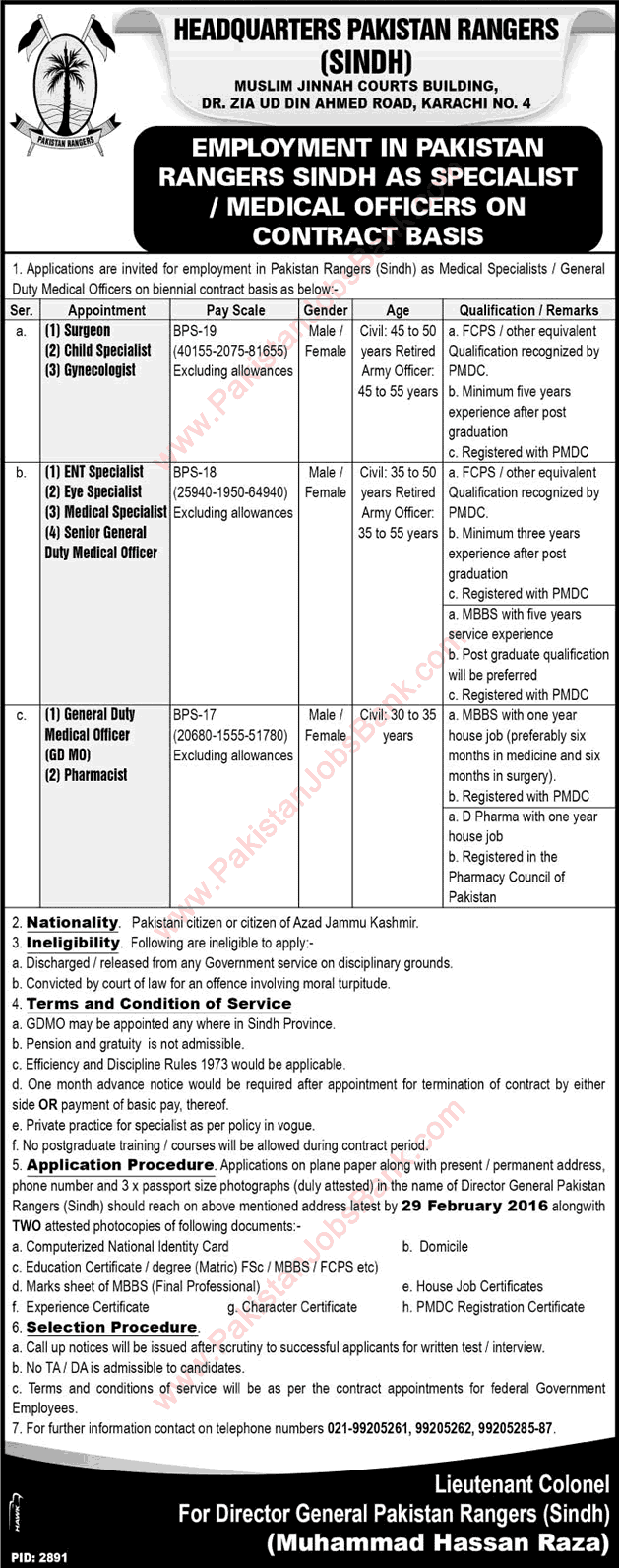 Pakistan Rangers Sindh Jobs February 2016 Medical Officers, Specialists & Pharmacists Latest