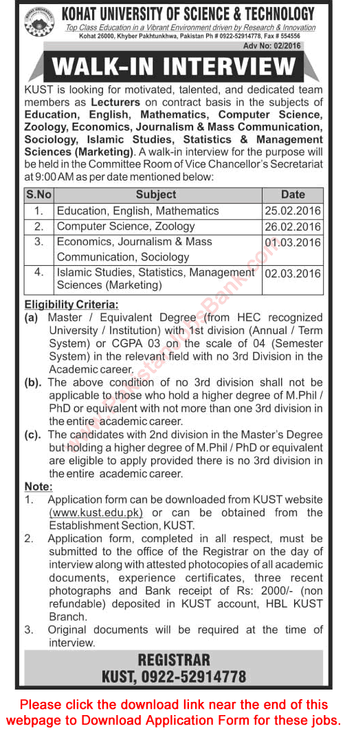 KUST Jobs 2016 February Application Form Lecturers in Kohat University of Science & Technology Latest