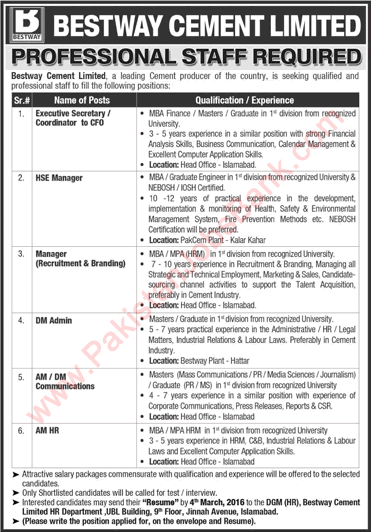 Bestway Cement Jobs 2016 February / March Managers & Executive Secretary at Islamabad, Hattar & Kallar Kahar Plants