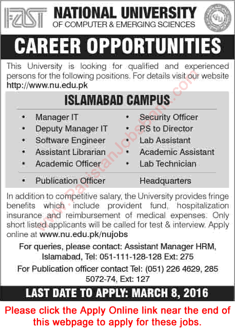 FAST National University Islamabad Jobs 2016 February / March Apply Online FAST NUCES Latest