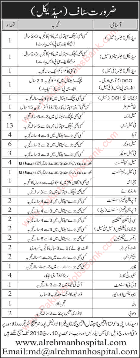 Al Rehman Hospital Lahore Jobs 2016 February / March Nurses, Medical Officers, Technicians & Others Latest