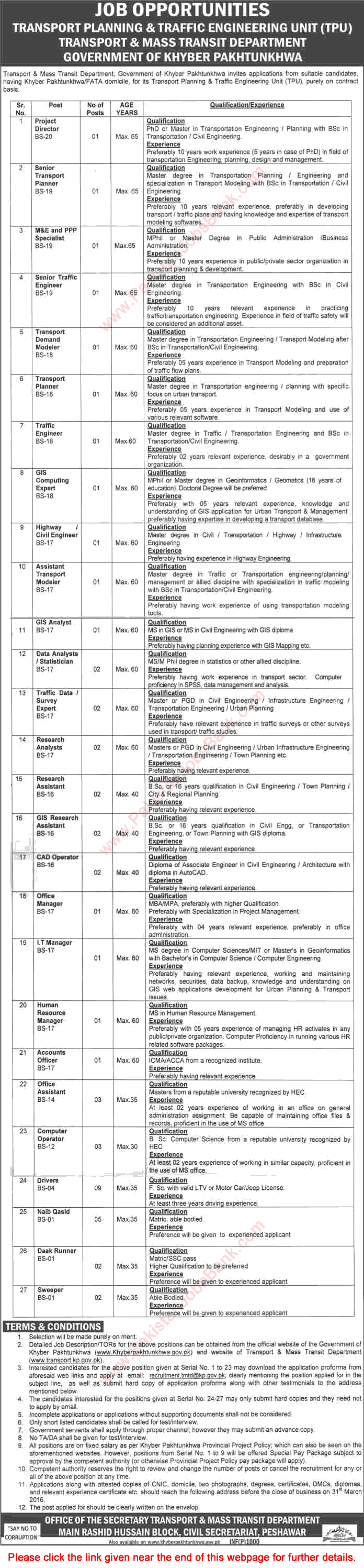 Transport Department KPK Jobs 2016 March TPU Transport Planning & Traffic Engineering Unit Latest