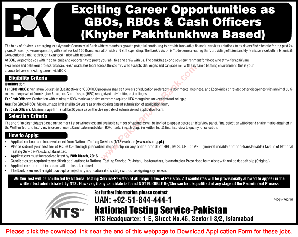Bank of Khyber Jobs 2016 March Cash Officers & General / Retail Banking Officers KPK NTS Application Form Latest