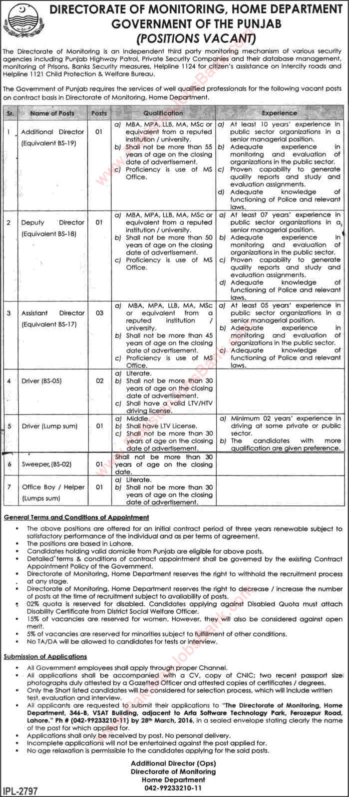 Home Department Punjab Jobs March 2016 Directorate of Monitoring Latest Advertisement