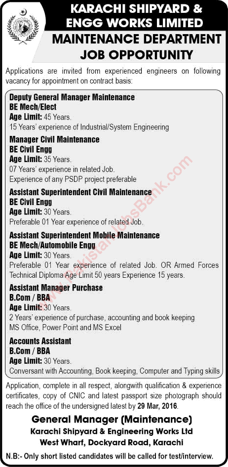 Karachi Shipyard and Engineering Works Jobs March 2016 KSEW Managers, Superintendents & Accounts Assistant