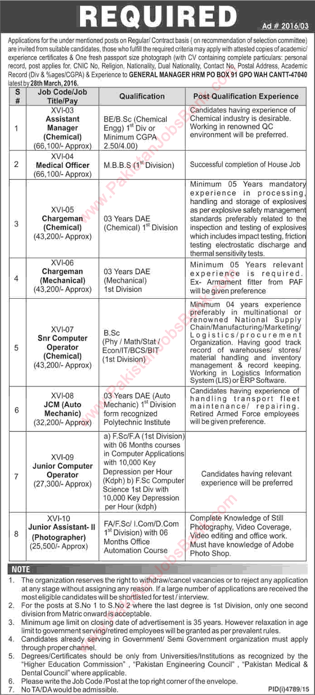 PO Box 91 GPO Wah Cantt Jobs 2016 March NESCOM / AERO / AWC Latest Advertisement