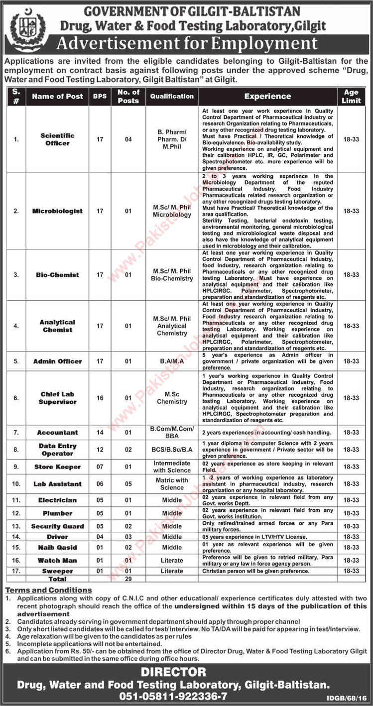 Drug Water and Food Testing Laboratory Gilgit Baltistan Jobs 2016 March / April Latest Advertisement