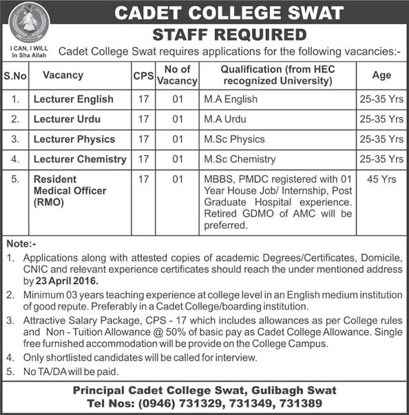 Cadet College Swat Jobs 2016 April Lecturers & Resident Medical Officer (RMO) Latest