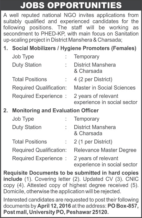 PO Box 857 Peshawar Jobs 2016 April NGO Social Mobilizers & Monitoring and Evaluation Officers Latest