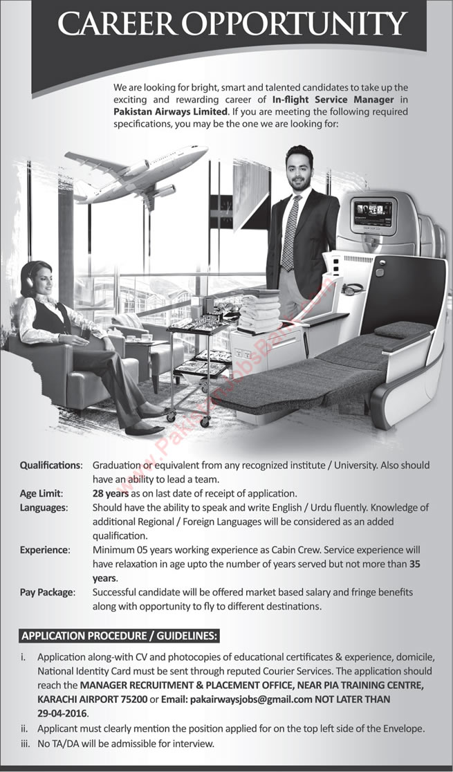 In-Flight Service Manager Jobs in Pakistan Airways Limited 2016 April Senior Cabin Crew Latest / New Advertisement