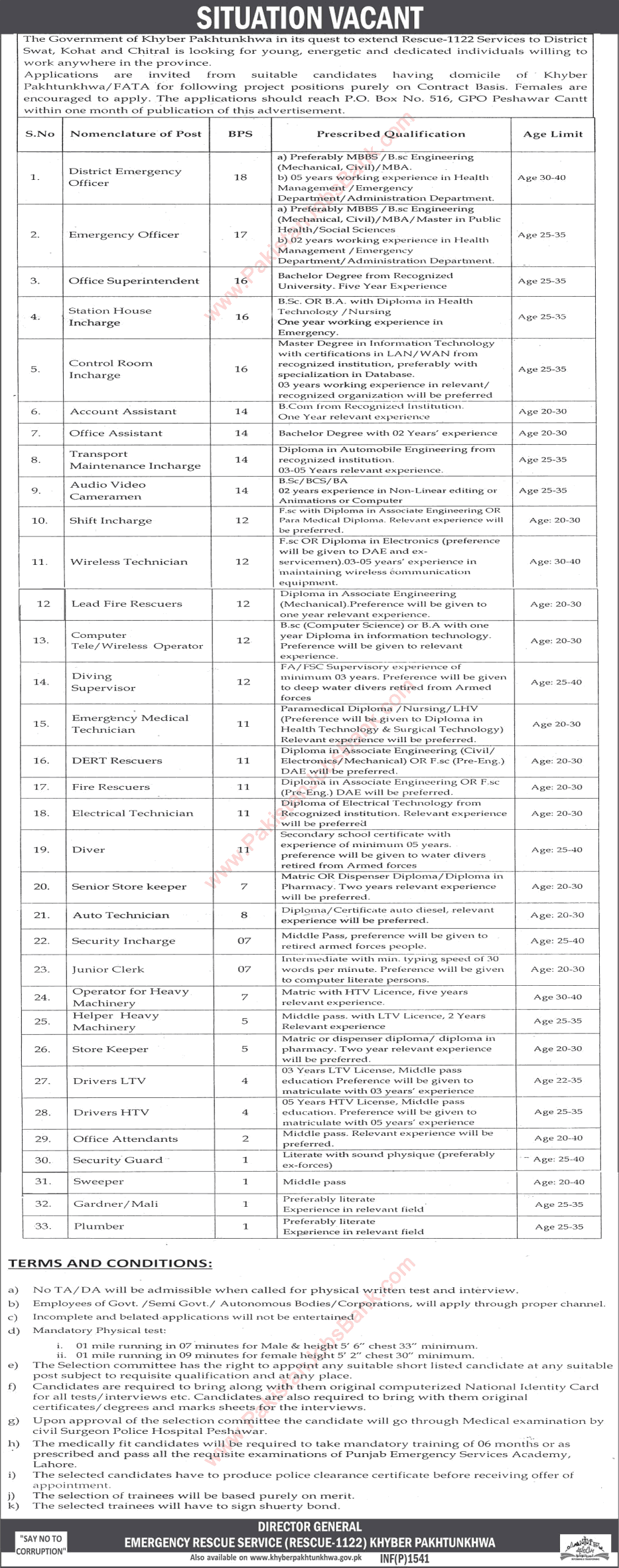 Rescue 1122 KPK Jobs April 2016 Emergency Rescue Service in Swat, Kohat & Chitral Latest Advertisement